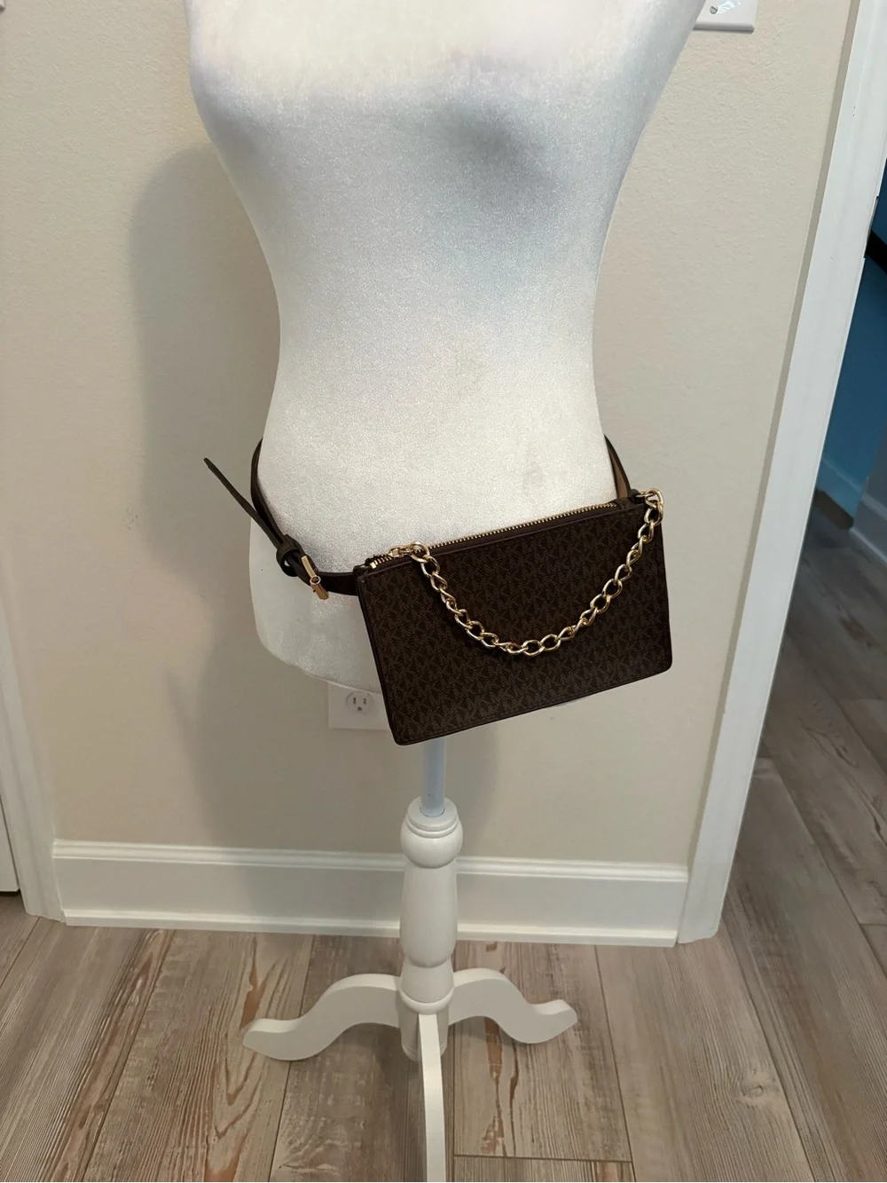Michael Kors Dark Brown Logo Belt Bag with Gold Chain
